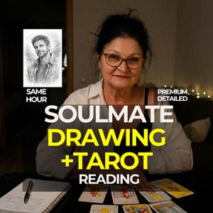 May include: A person wearing glasses and a white shirt sits behind a table with tarot cards and a notebook. Text on the image reads: SAME HOUR, PREMIUM DETAILED, SOULMATE DRAWING + TAROT READING. A black and white sketch of a man is shown in an inset.