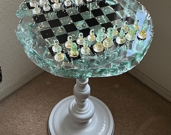 Handmade Resin Chess Table Set – Pedestal Stand, Glass look Resin Pieces, Storage Box & Coasters – Luxury Decor (custom orders)