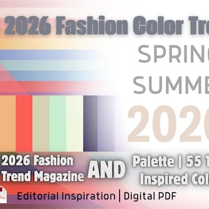 Może przedstawiać: Cyfrowy plik PDF zatytułowany "SS 2026 Fashion Color Trend Magazine". Obraz zawiera paletę kolorów z 55 kolorami inspirowanymi trendami na wiosnę/lato 2026. Projekt zawiera tekst i gradient kolorów.