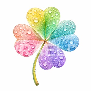 Könnte beinhalten: Eine Illustration eines vierblättrigen Kleeblatts mit einem lebendigen Regenbogenverlauf über die Blätter. Jedes Blatt ist mit klaren, realistischen Wassertropfen bedeckt und ein dünner grüner Stiel erstreckt sich von der Basis der Kleeblätter.