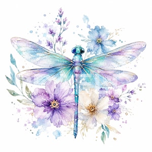 May include: A watercolor illustration of a dragonfly with iridescent blue and purple wings, positioned centrally above a cluster of purple and white flowers, accented with delicate green stems and soft blue paint splatters on a white background.