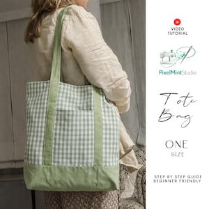 May include: A green and white gingham tote bag with green straps and a green base. The bag has a pocket on the front and the words "Tote Bag" and "One Size" are visible in the image.