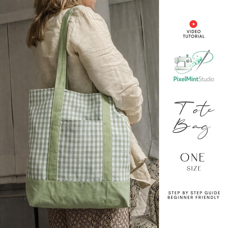 May include: A green and white gingham tote bag with green straps and a green base. The bag has a pocket on the front and the words "Tote Bag" and "One Size" are visible in the image.