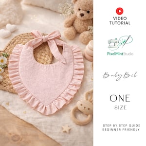 May include: A pink baby bib with white polka dots and a ruffled edge. The bib has a bow at the neck and is surrounded by baby toys. Text on the image says "Baby Bib" and "One Size".