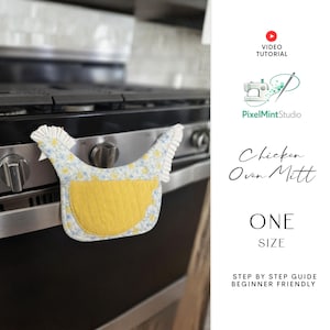 May include: A chicken-shaped oven mitt with a yellow pocket and a floral pattern on a light blue background. The mitt has a ruffled edge and is hanging on a stove. The text "Chicken Oven Mitt" and "ONE SIZE" are visible.