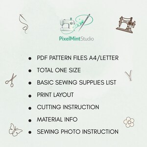 May include: A light green background with sewing-themed illustrations and text. The text includes "PDF Pattern Files A4/Letter," "Total One Size," "Basic Sewing Supplies List," "Print Layout," "Cutting Instruction," "Material Info," and "Sewing Photo Instruction."