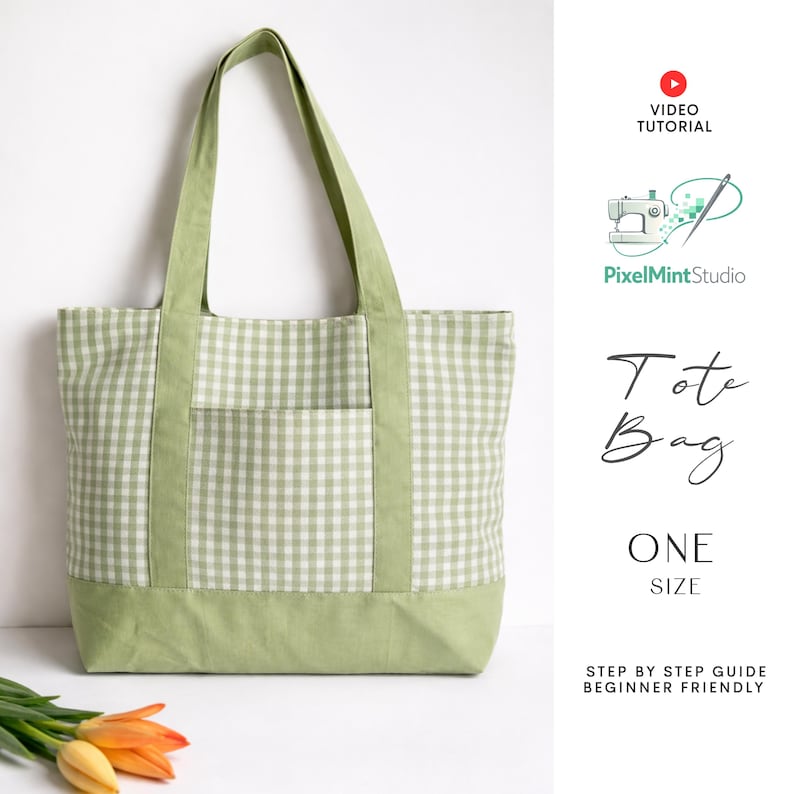 May include: A green and white gingham tote bag with a solid green base, handles, and pocket. The bag has the words "Tote Bag" and "ONE SIZE" printed on the side. A video tutorial is also advertised.