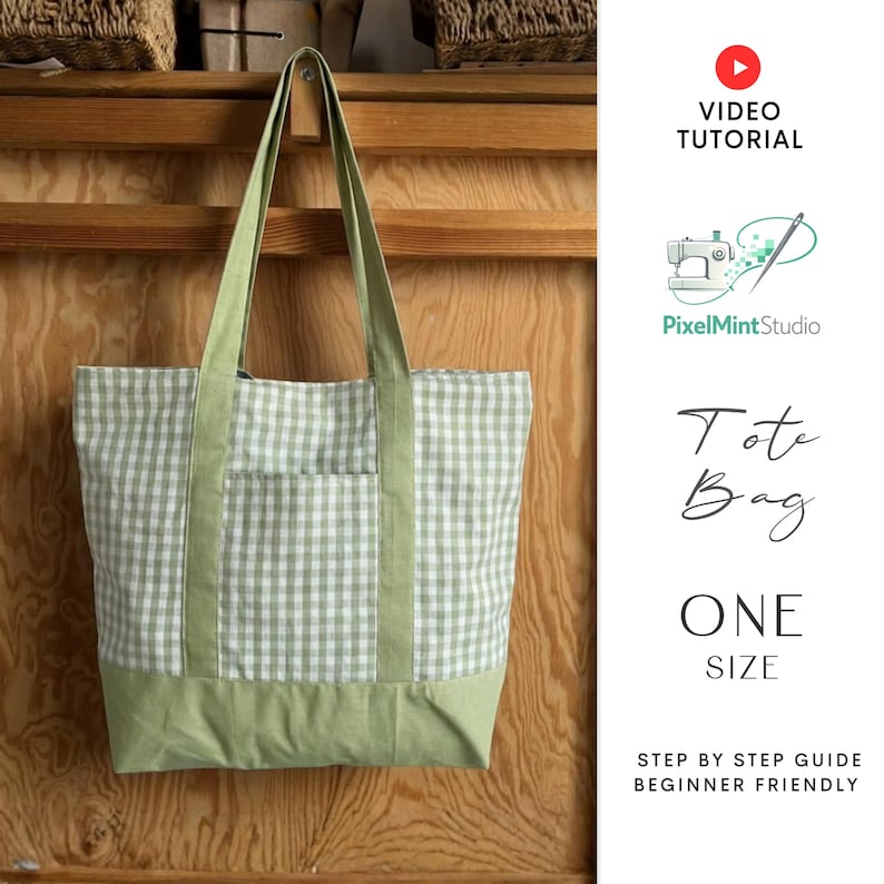 May include: A green and white gingham tote bag with a solid green base and straps. The bag has a front pocket and is hanging against a wooden background. Text on the image reads "Tote Bag" and "One Size".