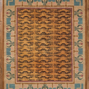 May include: A rectangular area rug featuring a central field of golden-brown with repeating horizontal black zigzag lines. The border displays a tan background with stylized teal and pink floral motifs and geometric corner accents with fringe.