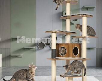 Wood Cat Tree for Large Cats, Solid Wood Cat Tower with 8 Level Platforms and Sisal Scratching Posts  Heavy Duty Cat Condo for Indoor Cats