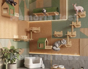 Cat Wall Shelves 16 in 1, Pine Wood Cat Climbing Wall System, Tunnel, Condos, Perches and Sisal Scratching Posts, Wall Mounted Cat Furniture