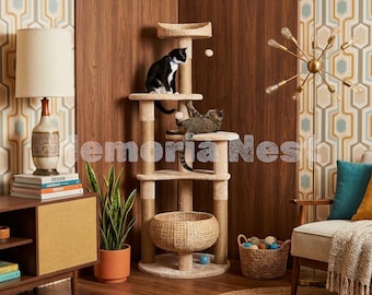 Cat Tower, Multi Level Cat Tree with Natural Jute Scratching Posts, Cat Bed and Top Perch, Modern Tall Cat Tree for Indoor Cats