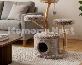 Cat Tree with Real Wood Trunk, Multi Level Pear Wood Modern Cat Tower with Jute Scratching Posts and Long Plush Perches | Luxury Cat Tree