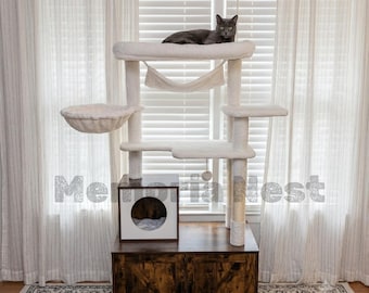 Cat Tower with Litter Box Enclosure, Industrial Cat Tower with Hidden Litter Box, Condo, Hammock and Sisal Scratching Posts, Cat Tree
