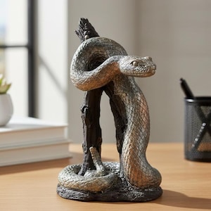 Puede incluir: Una escultura detallada de una serpiente enroscada alrededor de una rama marrón oscura. La serpiente tiene un acabado plateado y dorado metálico texturizado. La escultura está sobre un escritorio de madera, con una planta suculenta y un portalápices en el fondo.