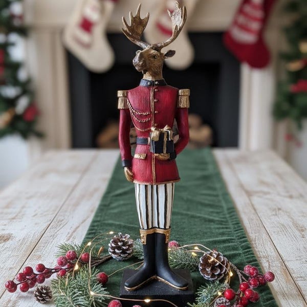 Mr. Deer Figurine: Unique Christmas Home Decor, Soldier Deer Statue, Rustic Art, Polyester Sculpture