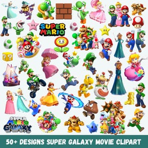Puede incluir: Una colección colorida de personajes y elementos de Super Mario Bros. Incluye a Mario, Luigi, la Princesa Peach, Yoshi y varios potenciadores y objetos. La imagen también presenta el texto "SUPER MARIO" y "SUPER GALAXY MOVIE CLIPART".