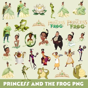 Puede incluir: Una colección de ilustraciones de la película animada "Tiana y el Sapo". Las imágenes incluyen personajes como la Princesa Tiana, el Príncipe Naveen y el Dr. Facilier, junto con ranas, una flor de loto y tiaras. El título "Princess and the Frog PNG" está en la parte inferior.