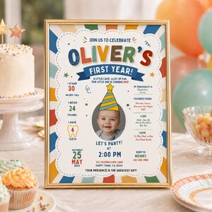 Puede incluir: Un póster de cumpleaños enmarcado para el primer año de Oliver. El cartel colorido presenta una foto central de un bebé con un gorro de fiesta, rodeada de texto que detalla estadísticas como 30 pulgadas de altura, 24 libras, 4 dientes.