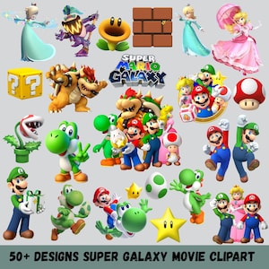 May include: A collection of colorful Super Mario Galaxy movie clipart designs. The image features various characters like Mario, Luigi, Yoshi, Bowser, and Princess Peach, along with iconic elements such as question mark blocks, stars, and mushrooms. The text at the bottom reads "50+ DESIGNS SUPER GALAXY MOVIE CLIPART."