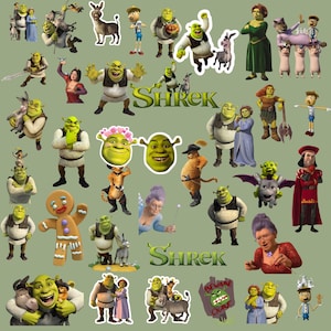 May include: A collection of Shrek character stickers on a light green background. The stickers feature various characters from the animated film, including Shrek, Donkey, Fiona, and others. The word "Shrek" is also displayed in a green font.