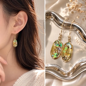 May include: A pair of gold-toned drop earrings featuring oval-shaped pendants inlaid with iridescent abalone shell. The earrings have thin gold hooks and a polished metal frame surrounding the colorful, shimmering shell material with green and gold hues.