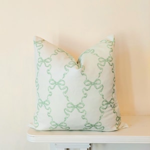Ribbons Pillow Cover. Sage Green Pillow, Bow Pillow, Grand Millennial