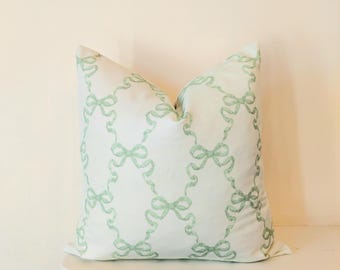Ribbons Pillow Cover. Sage Green Pillow, Bow Pillow, Grand Millennial