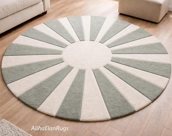 Sage Green & Cream Minimalist Area Rug, Modern Living Room Decor – Sunburst Round Tufted Rug