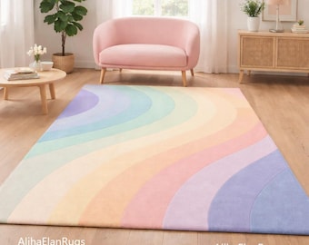 Hand-Tufted Pastel Rainbow Area Rug – Soft Wave Design, Kids Nursery Decor