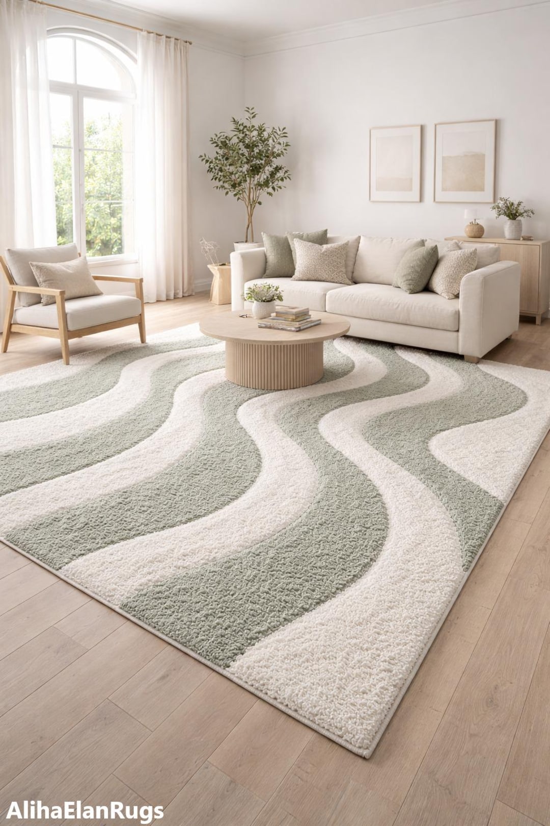 Sage Green & Ivory Wavy Area Rug – Large Modern Abstract Tufted Rug for ...