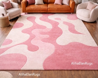 Handmade Wool Area Rug | Blush Pink Abstract Wave, Modern Design
