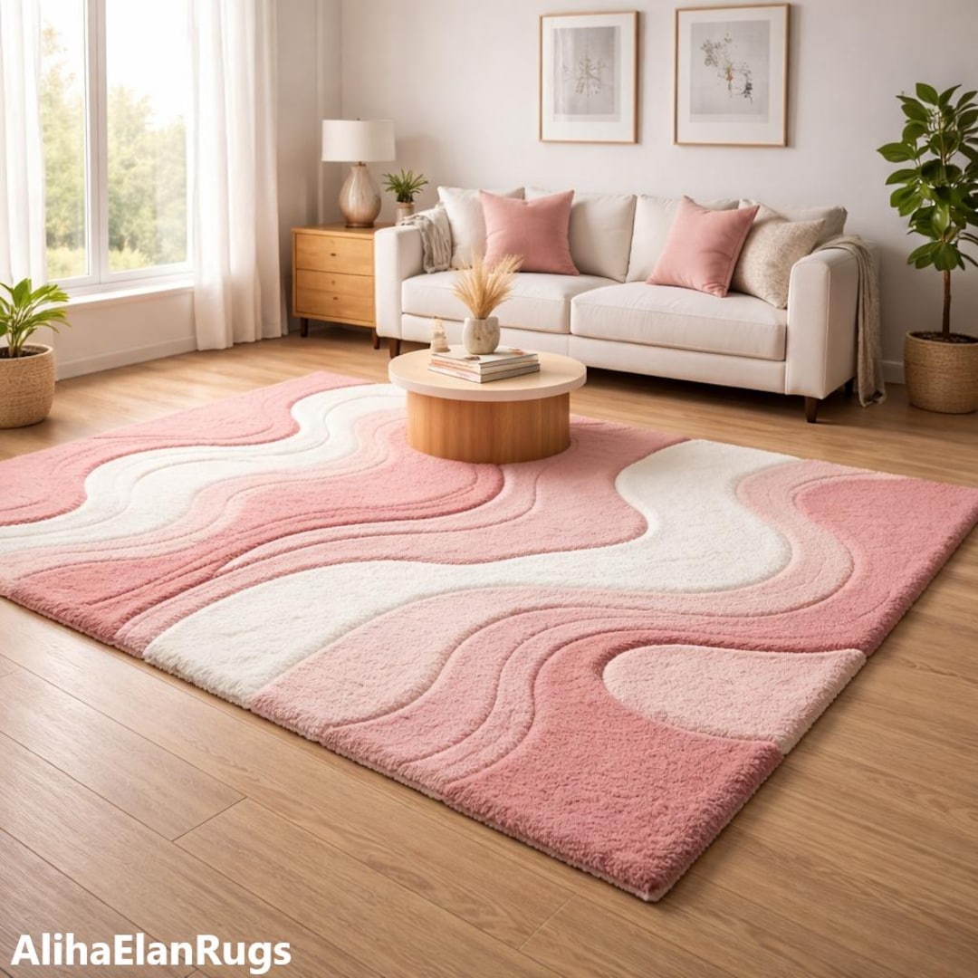 Hand-tufted Pink Wave Rug | Modern Cut Pile Area Rug