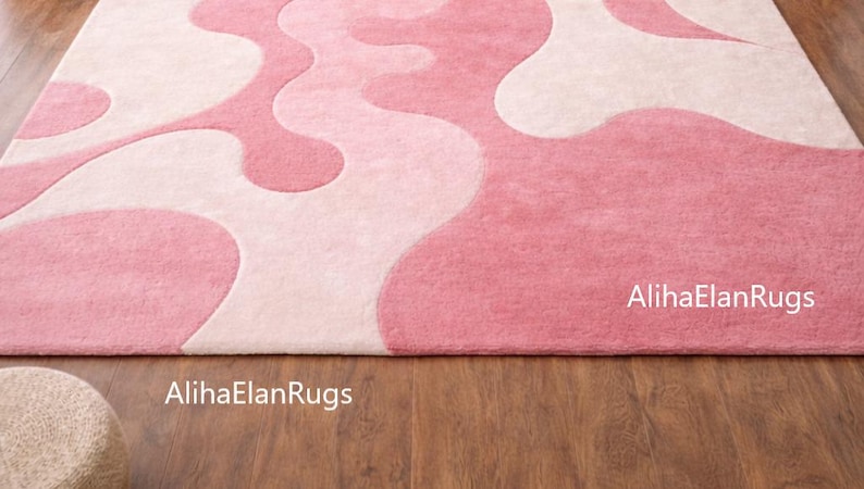 Luxury Blush Pink & Cream Abstract Wave Tufted Rug | Handmade Modern ...