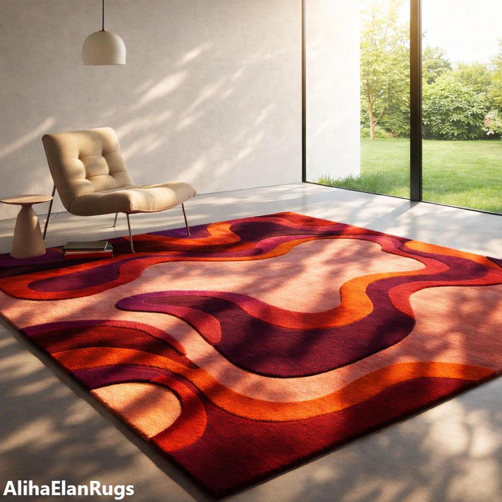 Hand-Tufted Wool Area Rug, Red Wine Burnt Orange Abstract Swirl, High-Low Pile