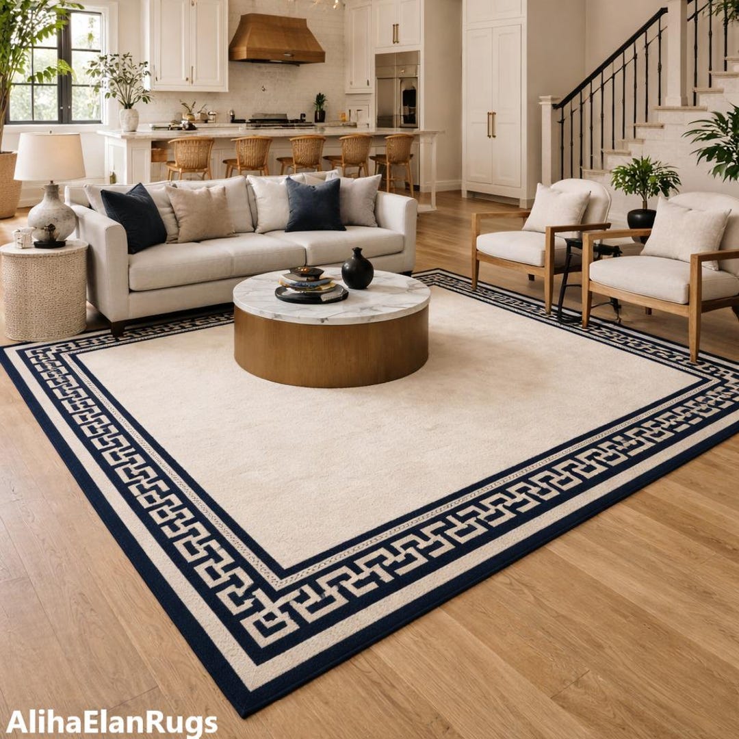 Hand Tufted Wool Area Rug – Cream & Navy Greek Key Border Rug, Modern ...