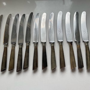 May include: A set of twelve silver-toned metal knives arranged in a row. Each knife features a curved blade with a subtle etched design and a tapered, dark brown handle. The blades are polished and reflective, while the handles have a smooth finish.