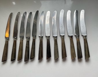 Vintage Raadvad Stainless Steel Knives, Bone Antler Handles, Rustfri Crown Stamp (Set of 12)