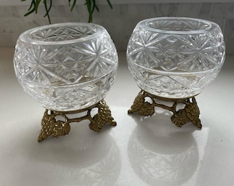 Vintage Royal Irish Crystal Rose bowl 24% lead glass with grape brass stand