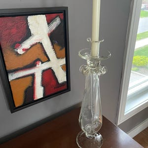 Large vintage glass candlestick holder, with handblown fluted, looped and ribbed details