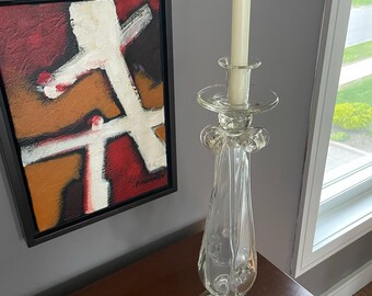 Large vintage glass candlestick holder, with handblown fluted, looped and ribbed details