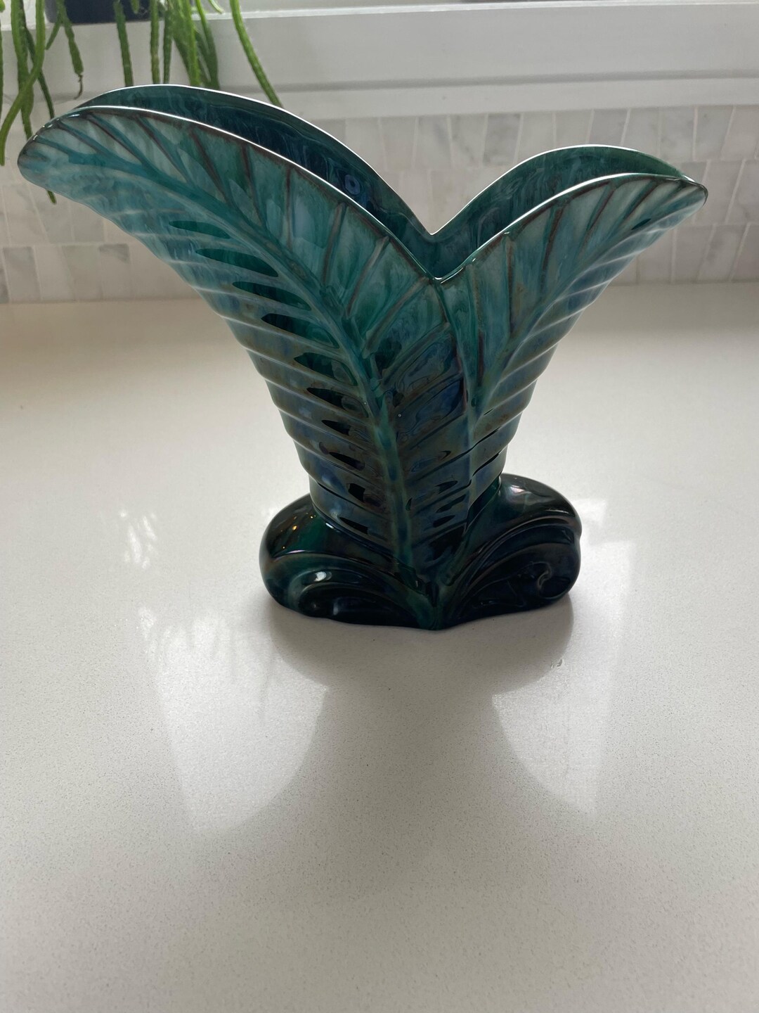 Vintage Blue Mountain Pottery Leaf Vase Featuring a Signature Green and ...