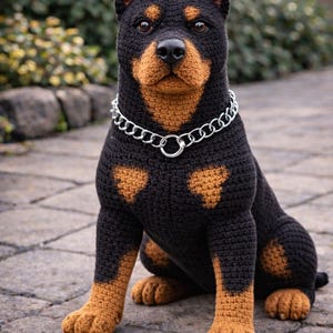 May include: Crocheted Rottweiler dog figurine in black and tan. The handmade dog has a silver chain collar and is sitting on a stone surface. The dog's ears, snout, chest, and paws are tan, while the rest of the body is black.