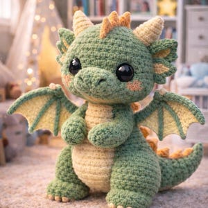 May include: A handmade crochet dragon in shades of green and cream. The dragon has large black eyes, small wings, and orange accents on its horns and tail. The plush toy is sitting on a light-colored carpet.