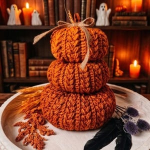 Puede incluir: Una pila de tres calabazas de ganchillo de color naranja con textura de punto trenzado, atadas con una cinta de arpillera color canela en la parte superior. Las calabazas están dispuestas verticalmente sobre una bandeja circular blanca.