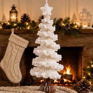 Puede incluir: Un adorno de árbol de Navidad tejido a ganchillo en color crema, con un diseño texturizado de niveles con bordes ondulados y una pequeña estrella en la punta. El árbol se sostiene sobre una base cilíndrica de ganchillo marrón y tiene un lazo.