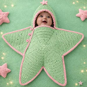 Puede incluir: Una manta de arrullo para bebé tejida a ganchillo en forma de estrella, de color verde claro con un borde rosa y una pequeña estrella rosa en la parte superior de la capucha. La prenda tiene tres botones rosas y una capucha que enmarca la cara.