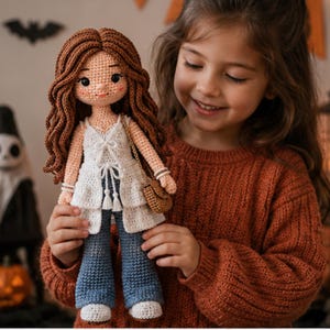 Puede incluir: Una muñeca de ganchillo hecha a mano con largo cabello castaño ondulado, que viste un top blanco sin mangas con lazos frontales, pantalones azules acampanados y zapatos blancos. La muñeca tiene un pequeño bolso bandolera marrón y piel clara.