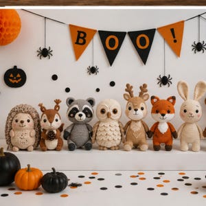 Puede incluir: Una colección de siete animales de peluche tejidos a ganchillo, incluyendo un erizo, ardilla, mapache, búho, ciervo, zorro y conejo, alineados con calabazas naranjas y negras y una pancarta con el texto BOO! y decoraciones de arañas.