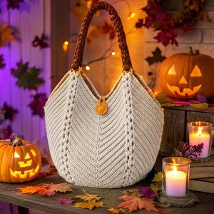 Puede incluir: Un bolso hobo de ganchillo color crema con un patrón de espiga texturizado, un asa trenzada de color marrón oscuro y un cierre de botón naranja único en la parte superior central. El bolso tiene una silueta redondeada y es de hilo grueso.